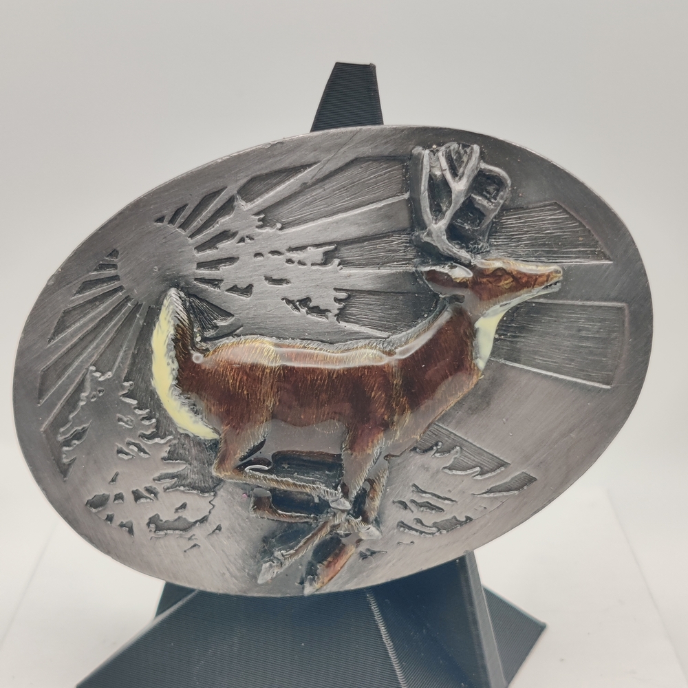 Siskiyou Pewter & Enamel Western Buckle W/ White Tail Deer. 1986. Made In USA